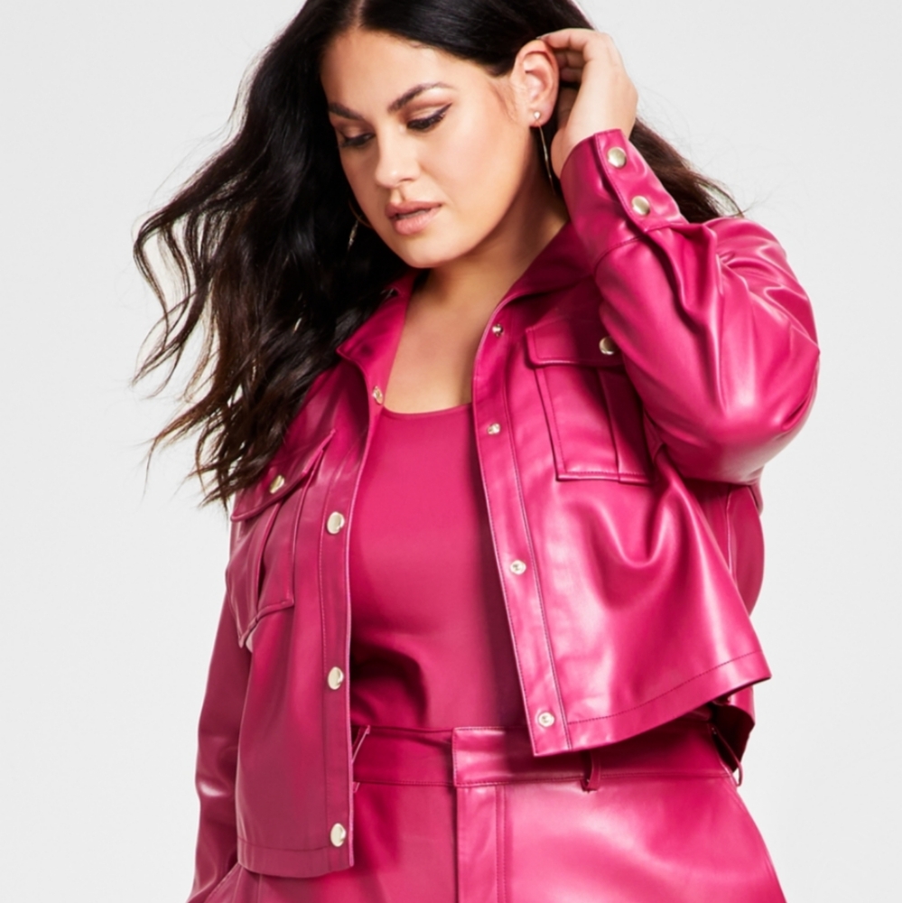 Nina Parker Plus Size Pleather  utility jacket Chest-Pocket Sangria
